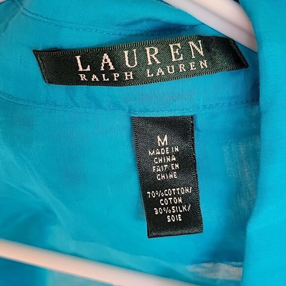 Ralph Lauren Top M Cotton Silk Blend Blouse Button Up Long Sleeve Tie Front - Picture 5 of 9